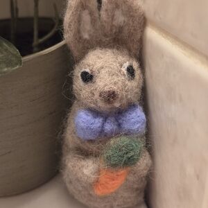 Handmade Felt Bunny Decoration with Blue Bow and Orange Carrot
